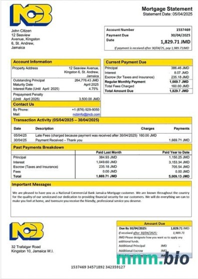 Jamajka National Commercial Bank Jamaica Limited (NCB) wyciąg z kredytu hipotecznego szablon Word i PDF